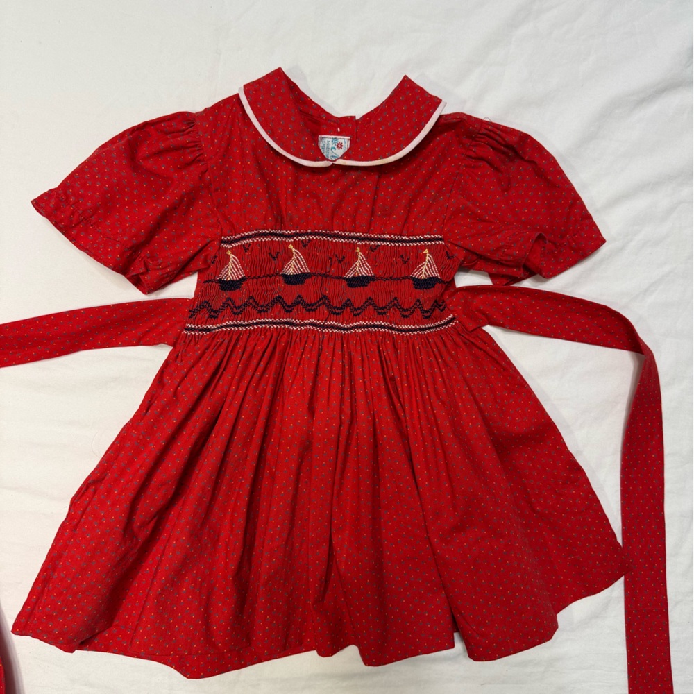 Vintage Red Baby Nautical Dress Smocked Embroidered Sailboats Cotton Blend